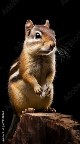 Close-up portrait of a chipmunk isolated on black background. Minimalistic style. AI generated content.
