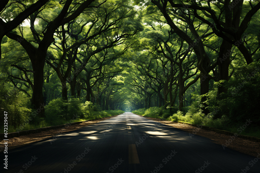 Fototapeta premium A serene tree-lined road leading into the forest