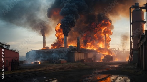 Heavy smoke in burning industrial distribution warehouse or storehouse industrial hangar from burned roof  aerial view of fire disaster. Ai ganerated image