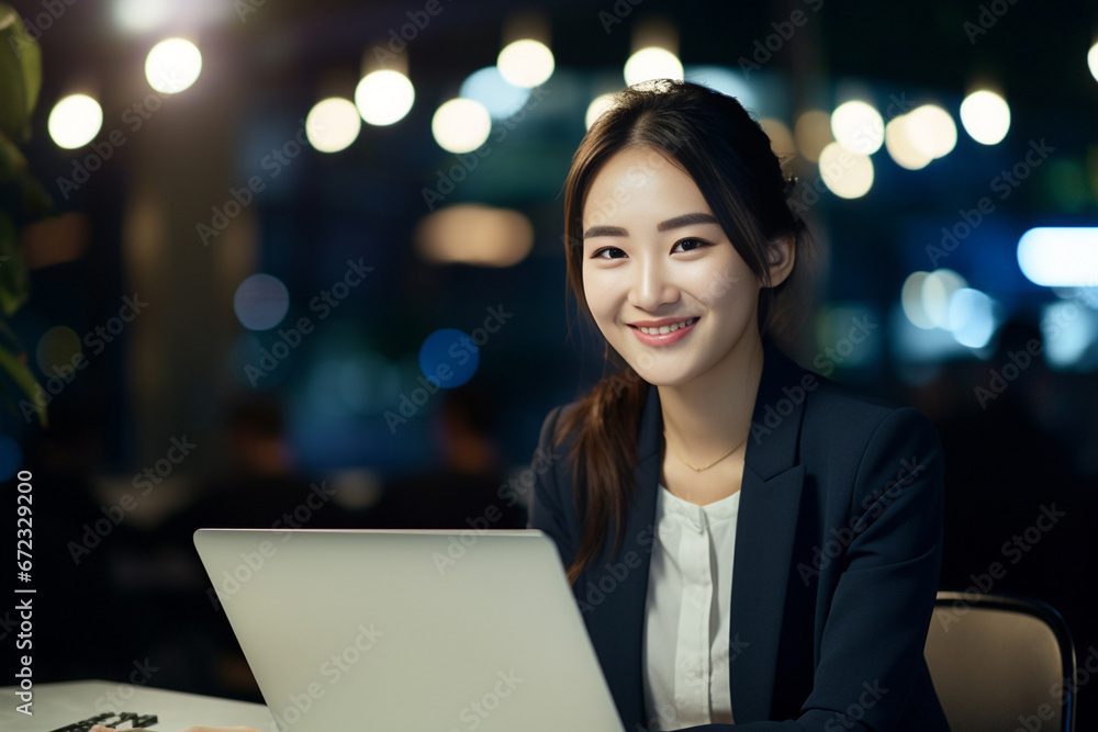 A cheerful young woman diligently typing on her laptop in a contemporary office at night, surrounded by a shimmering sea of bokeh lights. Generative AI. A cheerful young woman diligently typing on her laptop in a contemporary office at night, surrounded by a shimmering sea of bokeh lights. Generative AI.