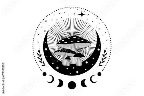 Shamanic magic mushrooms, Mystical Amanita Muscaria with moon phases and stars. Witchcraft crescent moon symbol, witchy esoteric fungus logo tattoo. Celestial wiccan clipart isolated, white background