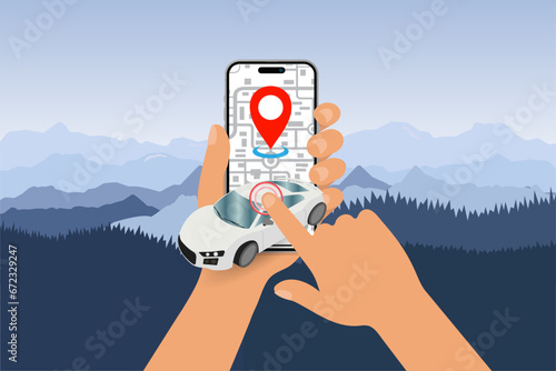 A car from a sharing service arrives to fulfill an order placed through a mobile app on a smartphone. With a simple touch on the mobile device, the car moves to the destination point. Vector.