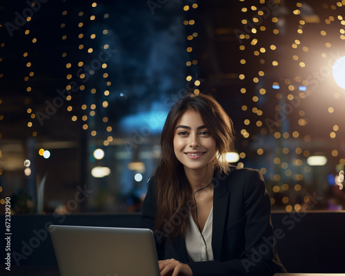 A cheerful young woman diligently typing on her laptop in a contemporary office at night, surrounded by a shimmering sea of bokeh lights. Generative AI.