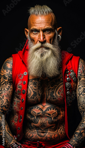 Père Noël hipster, avec barbe et tatouages 