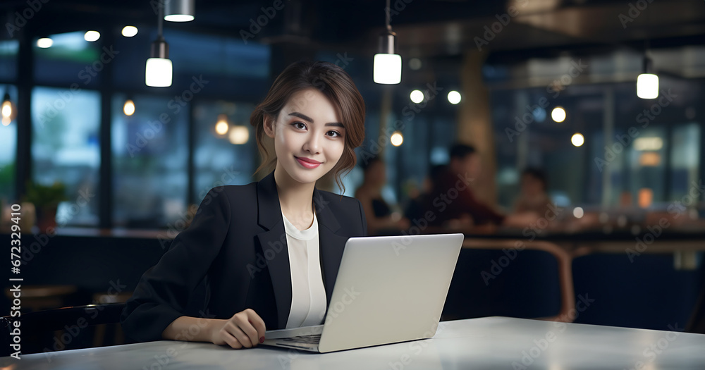 A cheerful young woman diligently typing on her laptop in a contemporary office at night, surrounded by a shimmering sea of bokeh lights. Generative AI. A cheerful young woman diligently typing on her laptop in a contemporary office at night, surrounded by a shimmering sea of bokeh lights. Generative AI.