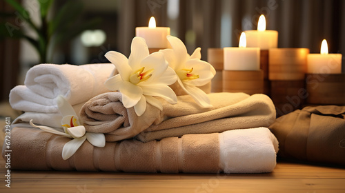  towels and candles on a wooden table with a vase of flowers. generative ai