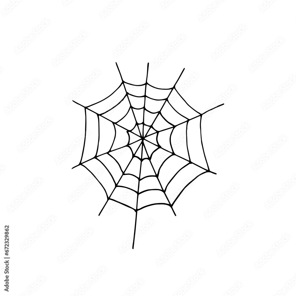 Hand drawn spider web. Outline illustration of a simple Halloween party decoration. Isolated object on the white background. Clipart for Halloween cartoon spooky 