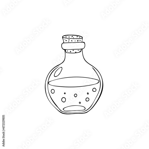 A magical tincture in a glass bottle. Closed apothecary bottle sketch. Glass bottle or vial with a label for games. Vector illustration isolated in white background.