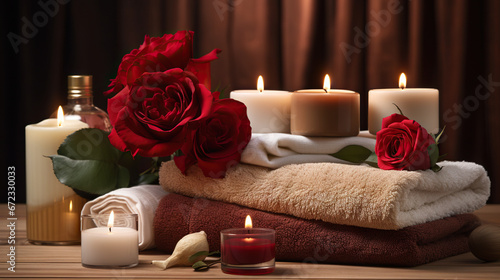  a table topped with candles and towels covered in red roses. generative ai