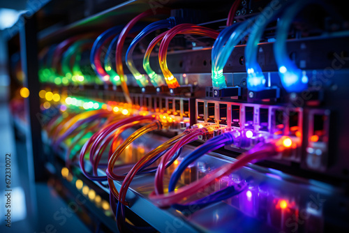 Network cables and switches with multicolored lights in a rack