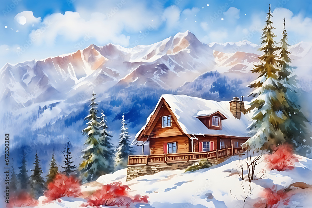 Watercolor painting realistic Fantastic winter landscape with wooden house in snowy mountains.