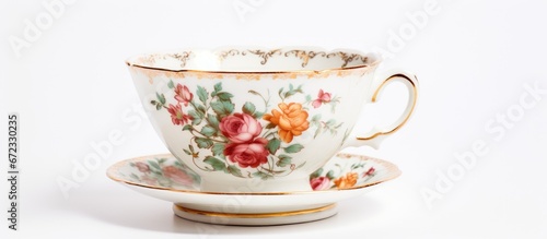 A vintage tea cup made of porcelain featuring a delicate painting of flowers on a pristine white backdrop