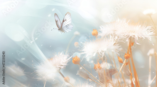  a white butterfly flying over a bunch of flowers on a sunny day. generative ai © Shanti