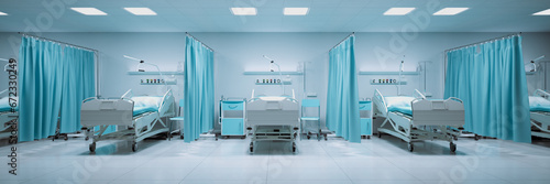 A hospital intensive care beds with medical equipment. Medical facility set up