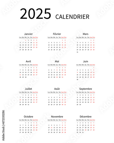 2025 calendar minimalist on french language with french holidays. Vector graphics