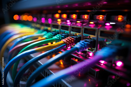 Close-up of network cables with colorful lights on a server