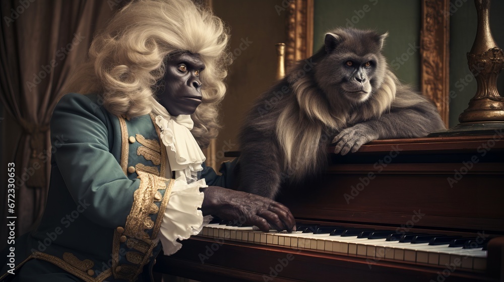 3D gorilla portrait, Pianist, Piano, Musician, 1700, Ironic, Playing, Bizarre. GORILLAS ALSO LIKE MUSIC. Pianist master. 1700s wig, noble attire. Ancestor monkey friend at his side and inspiring muse 3D gorilla portrait, Pianist, Piano, Musician, 1700, Ironic, Playing, Bizarre. GORILLAS ALSO LIKE MUSIC. Pianist master. 1700s wig, noble attire. Ancestor monkey friend at his side and inspiring muse