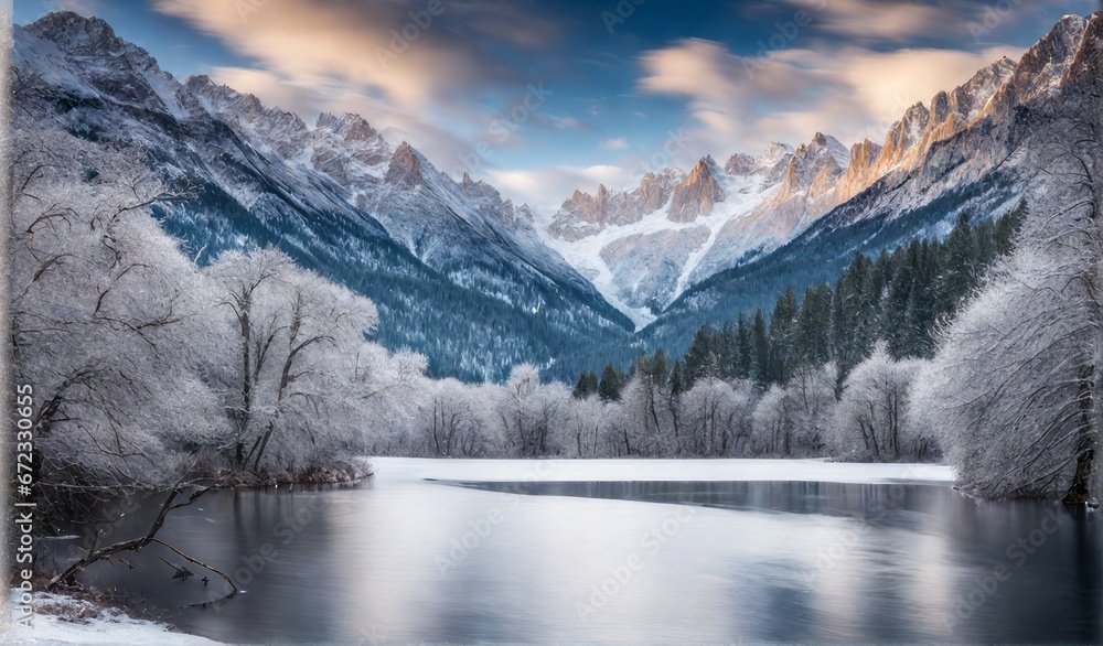 serene winters cape scape, a snow-covered landscape with a frozen lake in the foreground, bathed in the soft, golden light of the setting sun, y, stillness in the winter wonderland.