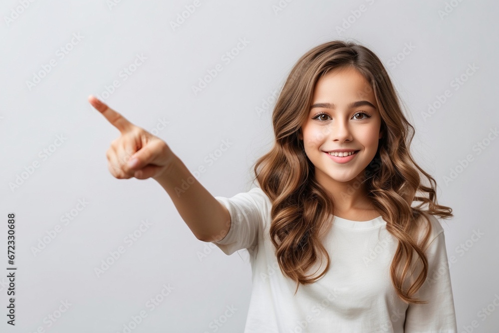 beautiful teenage girl pointing her finger at something, white background, beautiful teenage girl pointing her finger at something, white background,