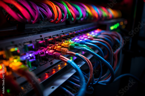 Network cables in assorted colors plugged into a data server
