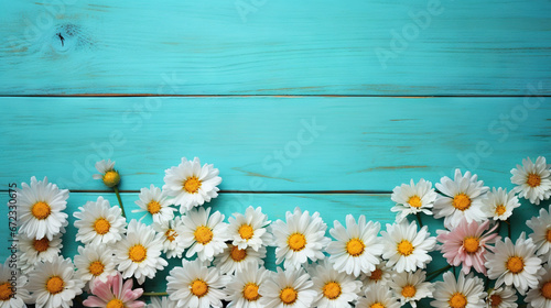  a bunch of daisies on a blue wooden background with space for text.  generative ai © Shanti