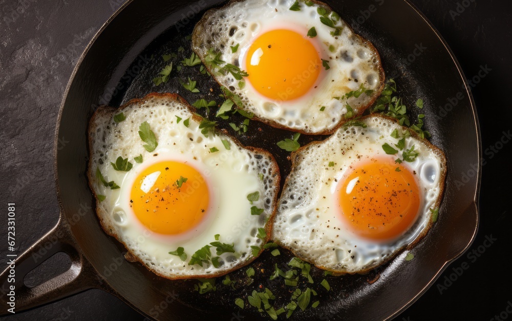 Fried eggs in a frying pan with green onions close-up Fried eggs in a frying pan with green onions close-up