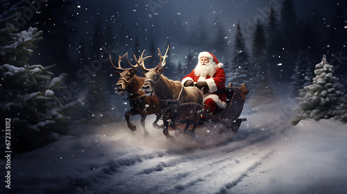 Santa on sleigh with deer. Santa Claus on his sleigh with gifts on the back of the sleigh wallpapers