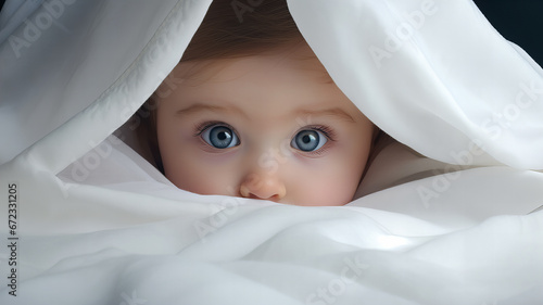 Curious child peeking out of a wrapped quilt. Generative AI