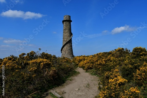 Tall stone tower against a vibrant backdrop of wildflowers on Barnaslingan hill, Ireland. photo