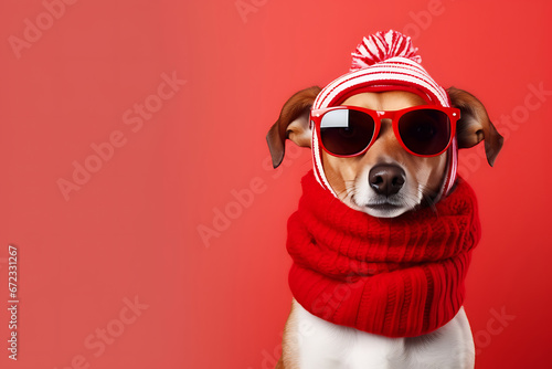 Cute Dog Dressed in a Red Scarf and Hat with Space. © LADIE_PASTEL