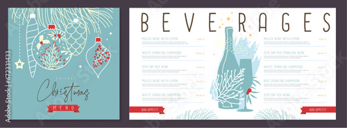 Restaurant Christmas holiday menu design with christmas floral desoration. Vector illustration