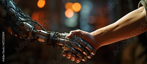 Rendering 3D humanoid robot handshake with human hand. AI generated