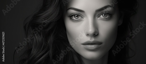 Closeup portrait of a stunning woman with flawless complexion and gorgeous hair all in shades of black and white