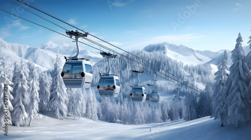 Mountain lift, cable chairlift transport, Ski lift, winter landscape, snow mountains, Winter vacation, alpine landscape, activity, Winter resort concept