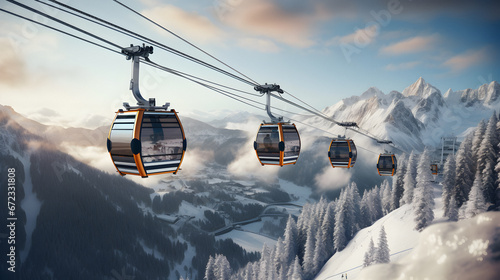 Mountain lift, cable chairlift transport, Ski lift, winter landscape, snow mountains, Winter vacation, alpine landscape, activity, Winter resort concept photo