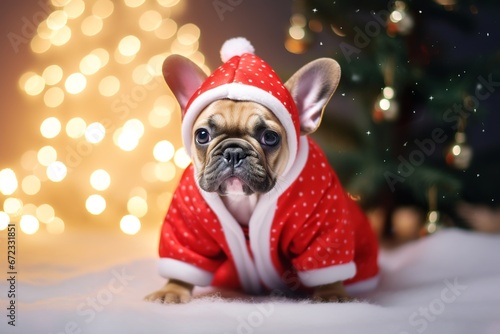 cute happy french bulldog puppy in a santa claus dressed posing next to the christmas tree © Pekr