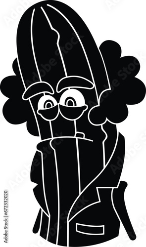 Cartoon Black and White Isolated Illustration Vector Of A Cartoon Character Pickle With an Somber Expression