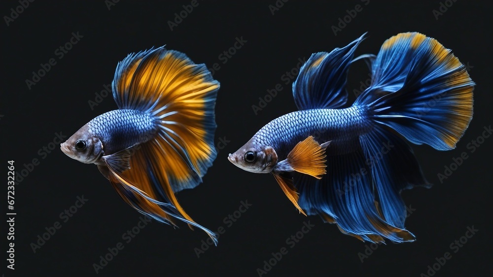 fish in the water Blue Yellow Long Tail Halfmoon Betta or Siamese Fighting Fish Swimming Isolated on Black Background fish in the water Blue Yellow Long Tail Halfmoon Betta or Siamese Fighting Fish Swimming Isolated on Black Background