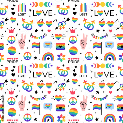LGBT stickers seamless pattern in doodle style. LGBTQ set. LGBT pride community Symbols. Rainbow colored elements. Vector illustration.