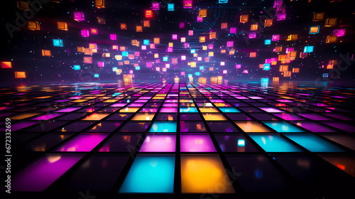 a colorful floor with a lot of lights on it and a black background with a pattern of squares and dots photo