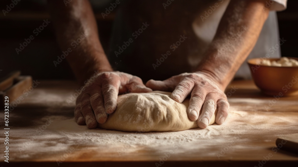 Close up of hand kneading the dough on the table in the kitchen.