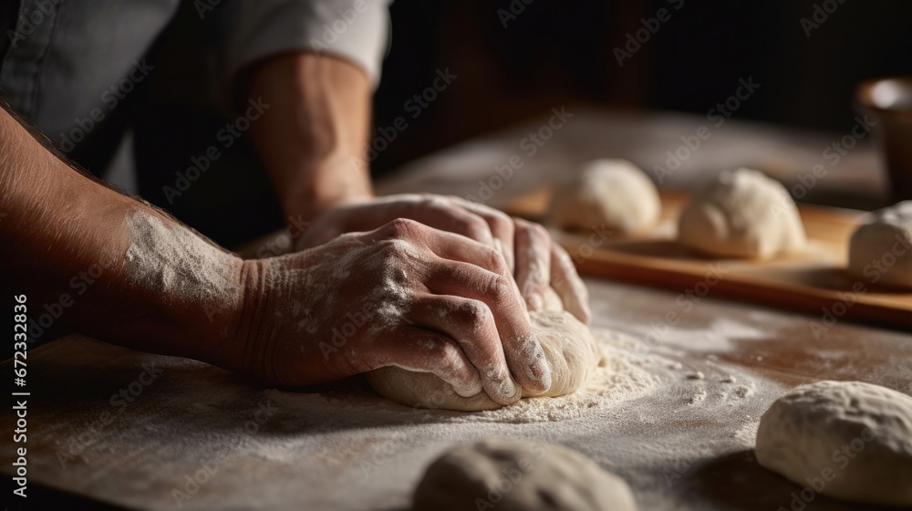 Close up of hand kneading the dough on the table in the kitchen.