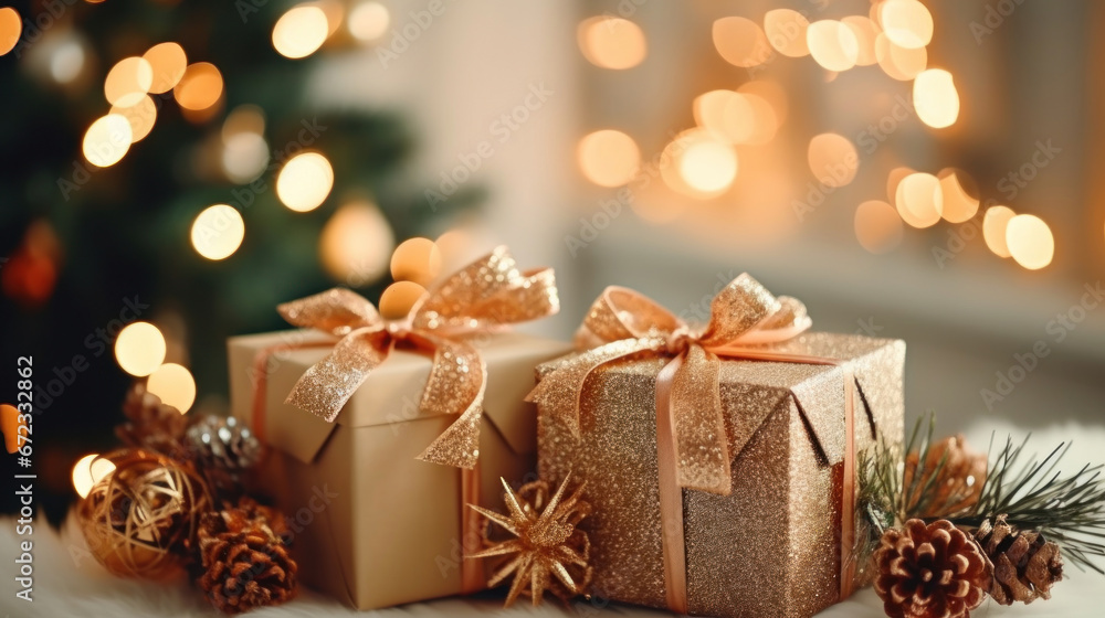 Gift boxes and pine cones and branches on the background of bokeh garlands. christmas and new year. Gift boxes and pine cones and branches on the background of bokeh garlands. christmas and new year.
