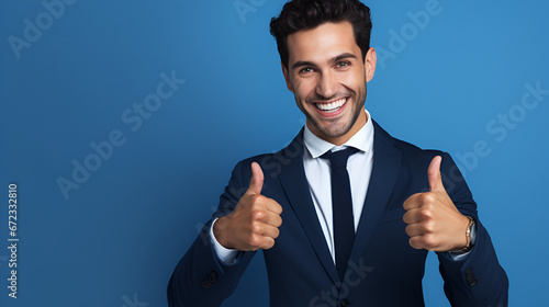 Success Story in Motion: Ecstatic Businessman Celebrates with a Thumbs-Up and Shout Against Isolated Blue Background - High-Resolution Stock Photography