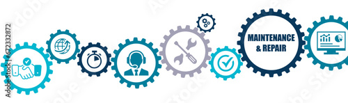 Maintenance and repair banner vector illustration with the icons of assistance, service, equipment, communication, support, technology, technical, operation, industry, tools, agreements, construction