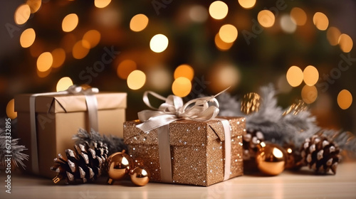 Gift boxes and pine cones and branches on the background of bokeh garlands. christmas and new year. © tong2530