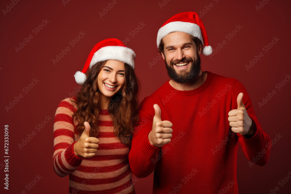Happy couple with thumbs up with Santa's Hat and red knitted sweater on soft red background. Generative Ai Happy couple with thumbs up with Santa's Hat and red knitted sweater on soft red background. Generative Ai