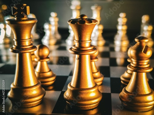 Selective focus of a the king and queen of a classic wooden chess board with golden chess pieces