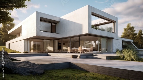 Modern Norwegian design house in concrete white with large windows and green lawn 8k, © Creative artist1