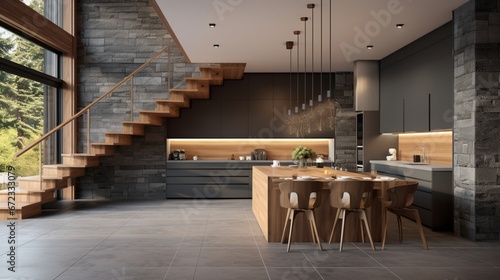 Modern open concept home interior kitchen with floating stairs and grey slate floors beamed ceiling and wood cabinets 8k, © Creative artist1